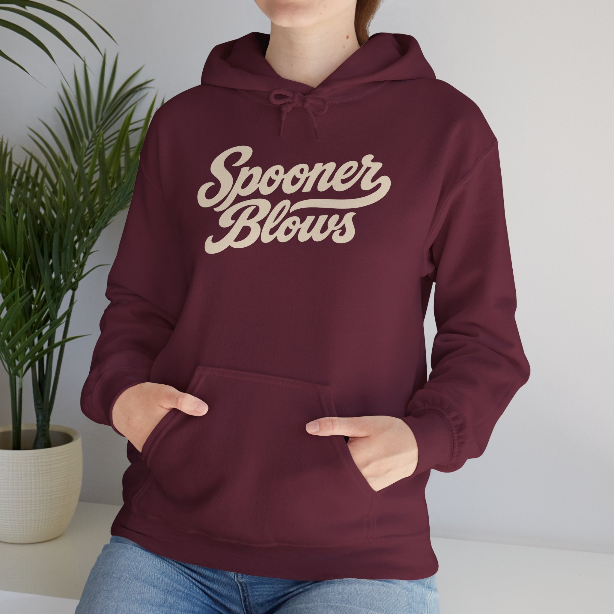 Spooner Blows Baseball Lettering Hoodie | Wisconsin Northwoods Hoodie, Hayward WI Apparel