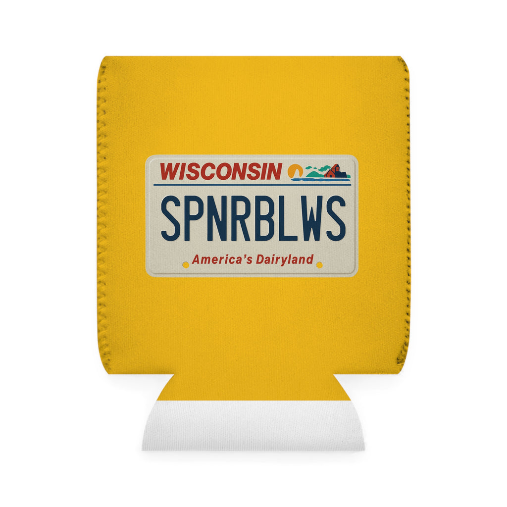 Wisconsin License Plate Spooner Blows Can Cooler | Yellow Koozie