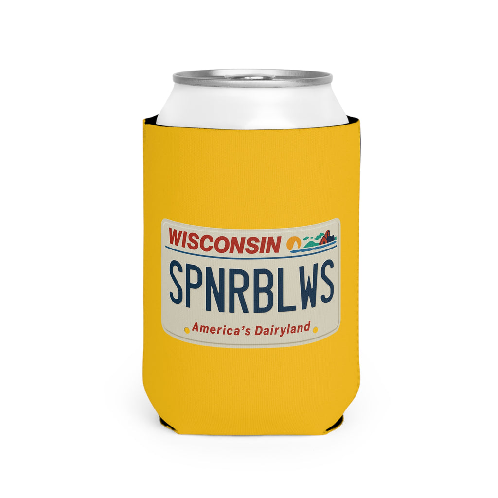 Wisconsin License Plate Spooner Blows Can Cooler | Yellow Koozie
