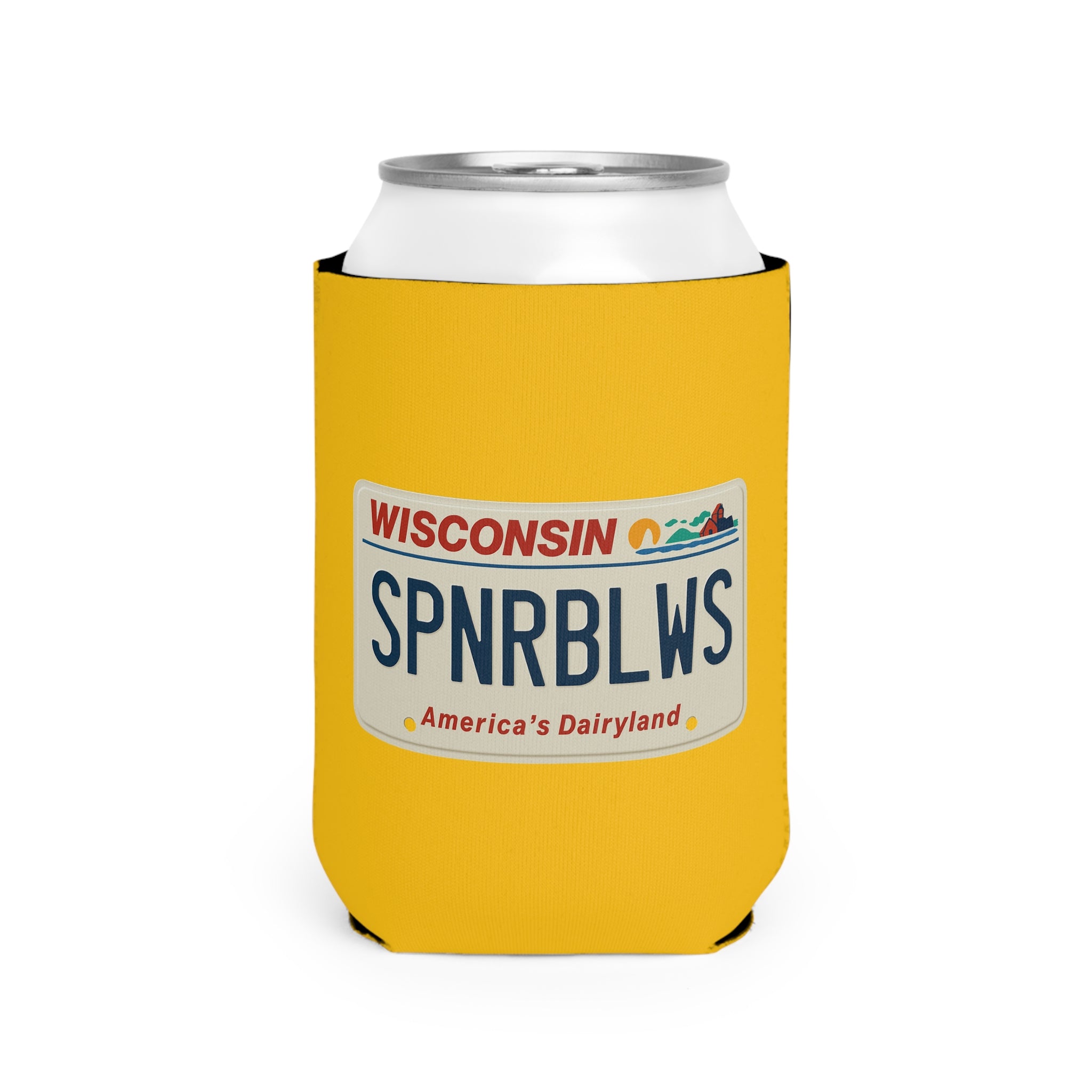 Wisconsin License Plate Spooner Blows Can Cooler | Yellow Koozie