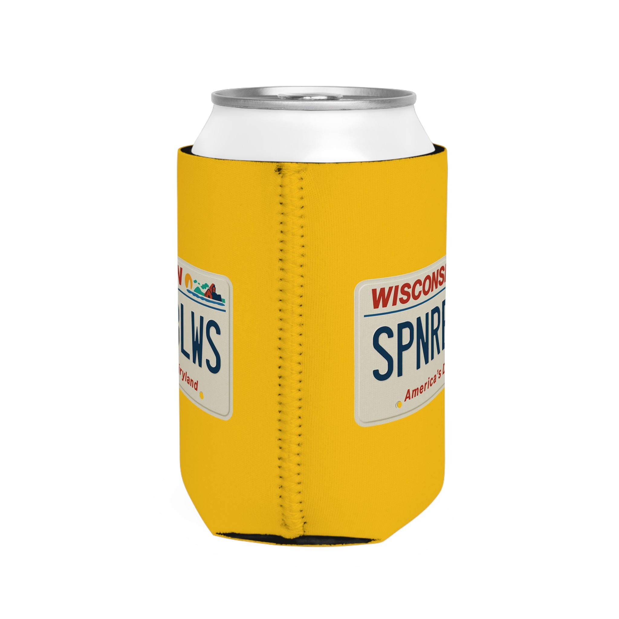 Wisconsin License Plate Spooner Blows Can Cooler | Yellow Koozie